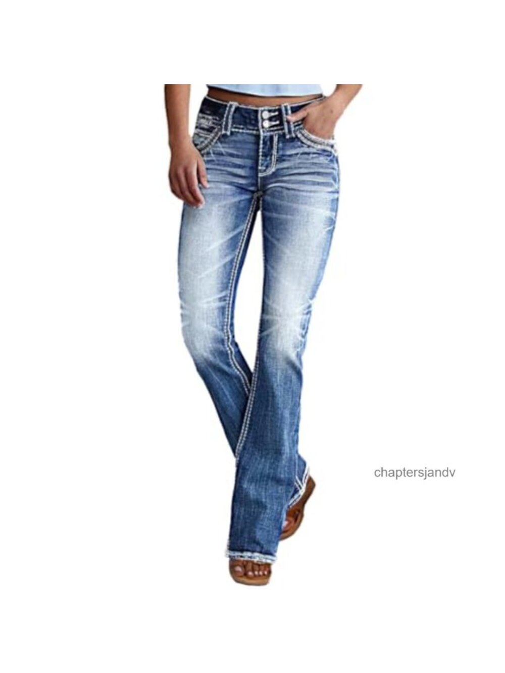 Women's Mid Rise Bootcut Jeans Stretchy Slim Fit Double Button Flare Pants